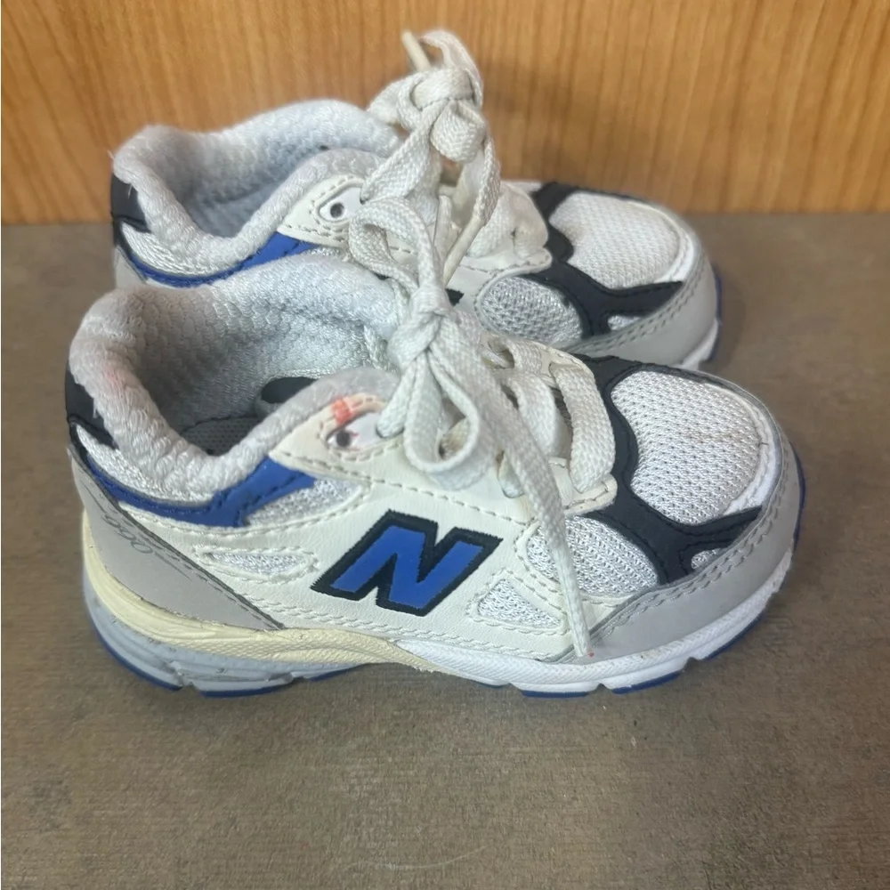 New Balance Kids White Gray and Blue Sneakers